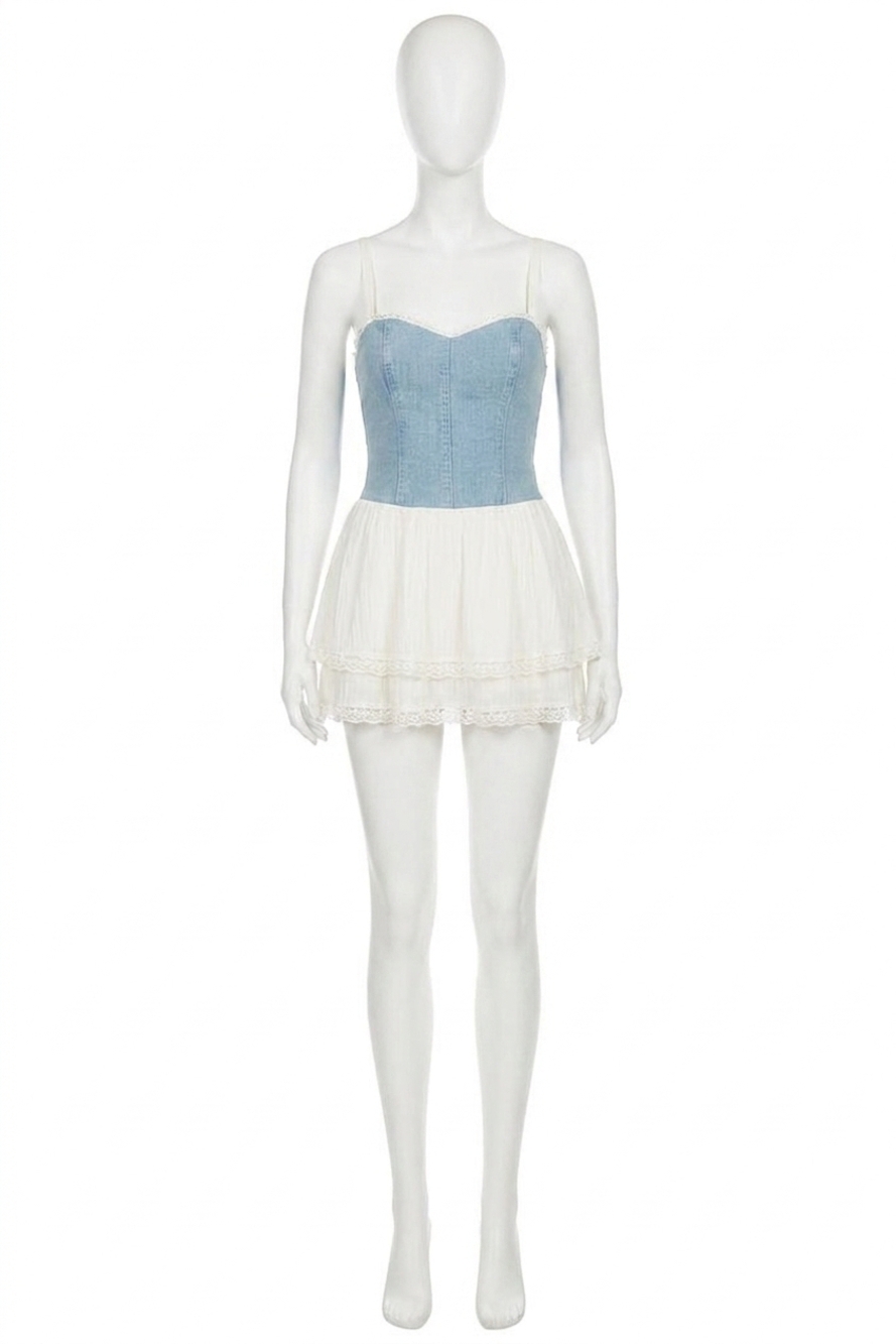 NEW SHOW ME YOUR MUMU geneva mini dress in light indigo with cream voile
